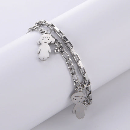 Cartoon Character Titanium Steel Ball Figaro Chain Double Layer Bracelet
