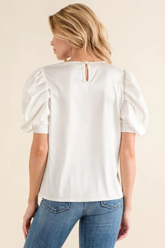And The Why Plain Satin Puff Shirring V Neck Blouse Top
