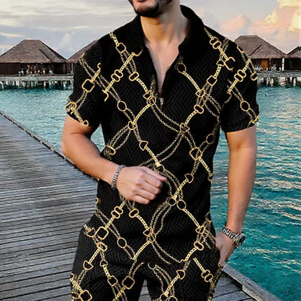 Men's Summer Fashion 3D Printed Short Sleeve Geometric Zip Lapel Shirt Set