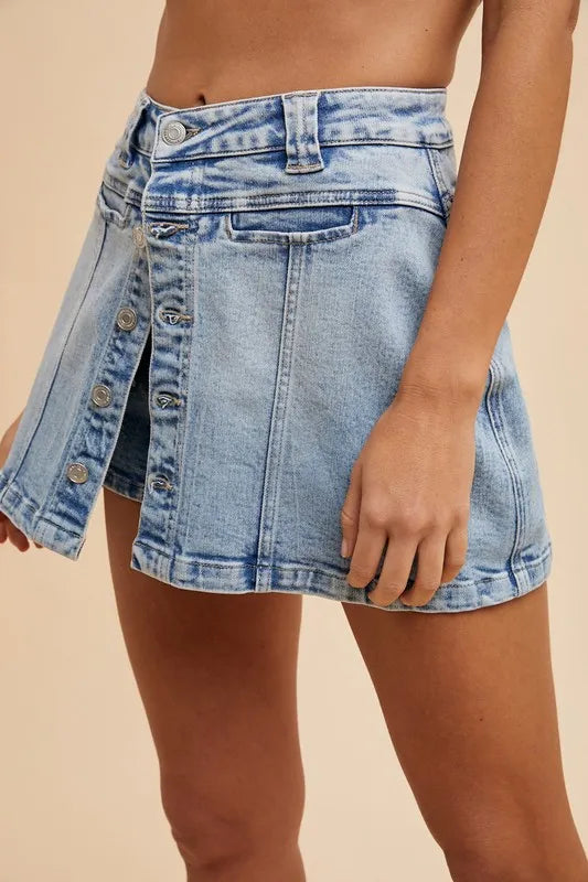 Annie Wear Button Detail Stretch Denim Wrap Mini Skort