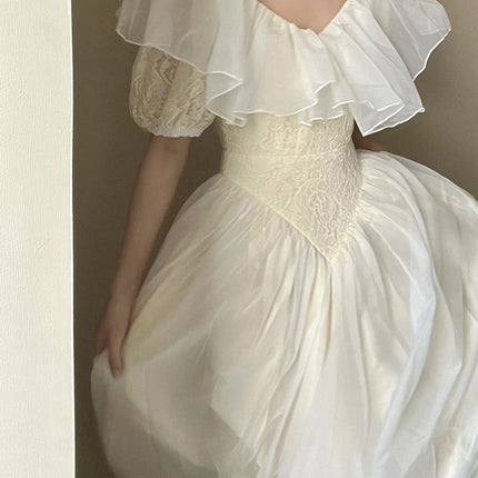 French Retro Light Wedding Puff Sleeve Lace Dress