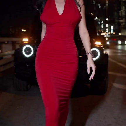 Red Halter Neck Slim Dress