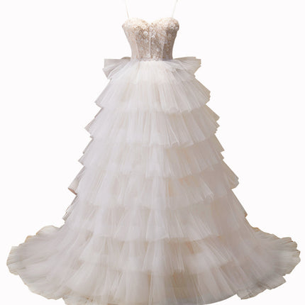 Beautiful Girl Suspender Wedding Dress With Elegant Train