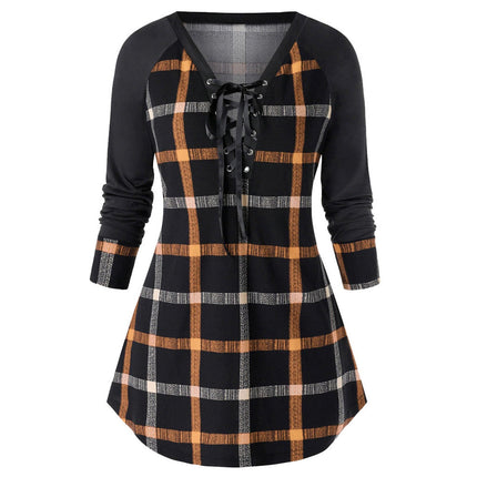 New cute Wine Red Spring And Autumn Printed Plus Size Long Sleeve Plaid Dress for young adult