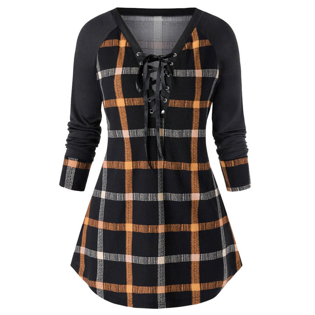 New cute Wine Red Spring And Autumn Printed Plus Size Long Sleeve Plaid Dress for young adult