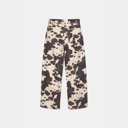 Womens Retro Washed Denim Jeans With Cow Print