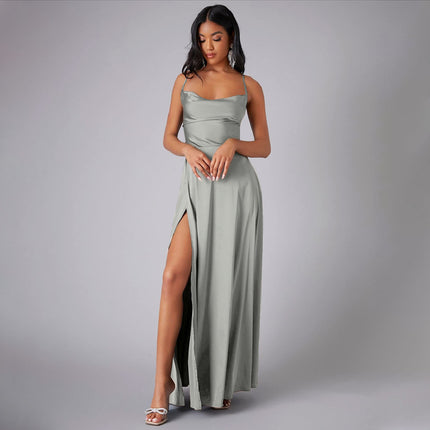 Women's Elegant Backless Split Maxi Dress – High Waist V-Neck Belted Gown