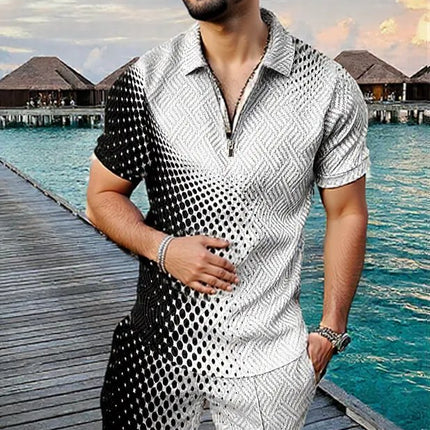 Men's Summer Fashion 3D Printed Short Sleeve Geometric Zip Lapel Shirt Set