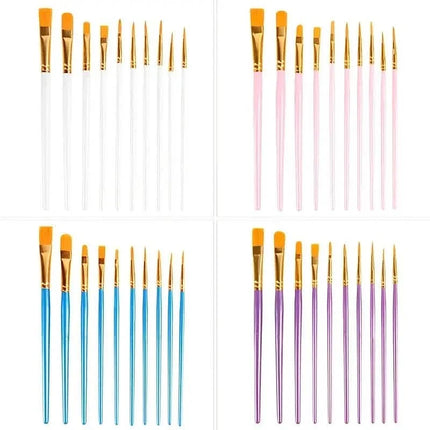 10-Pieces: Artist Paintbrush Nylon Round Pointed Flat Head Set