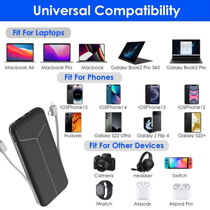 10000mAh Power Bank Portable Charger with US Plug 2 Built-in Cables External Battery Pack