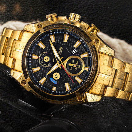 men''s watch fake three eyes luminous men''s watch fashion casual steel band waterproof watch t504g