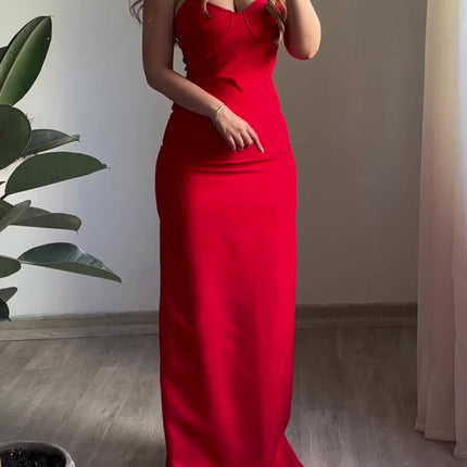 Red Sexy Back Slit Suspender Maxi Dress