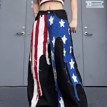 Womens American-style Washed Striped Heat-pressed Patch Jeans
