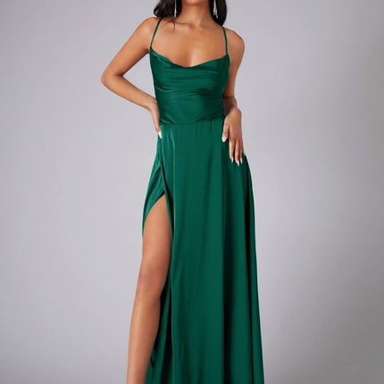 Women's Elegant Backless Split Maxi Dress – High Waist V-Neck Belted Gown