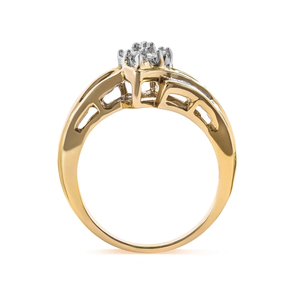 10K Yellow Gold 1/2 Cttw Round And Baguette-cut Diamond Cluster Head and Channel Set Shank Ring (H-I Color, I1-I2 Clarity)