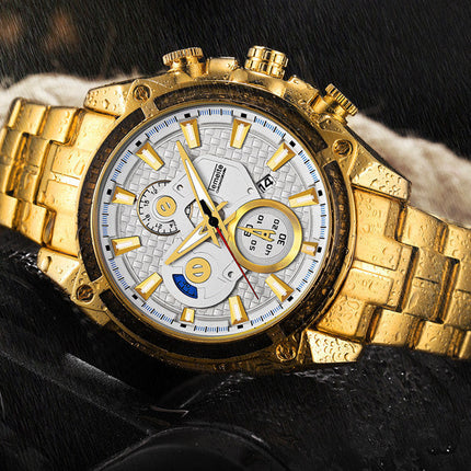 men''s watch fake three eyes luminous men''s watch fashion casual steel band waterproof watch t504g