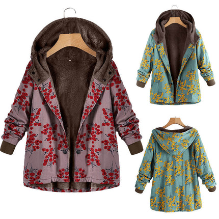 Retro flower print plus size hooded jacket top
