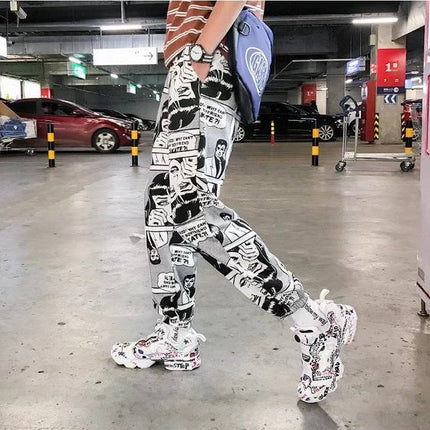Tide brand hip hop newspaper pants men and women pants ins the same paragraph street loose beam pants national tide