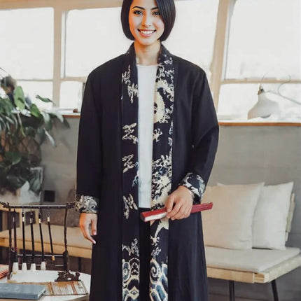 Unisex Dark Blue Casual Stitching Printed Linen Cloak Plus Size Windbreaker