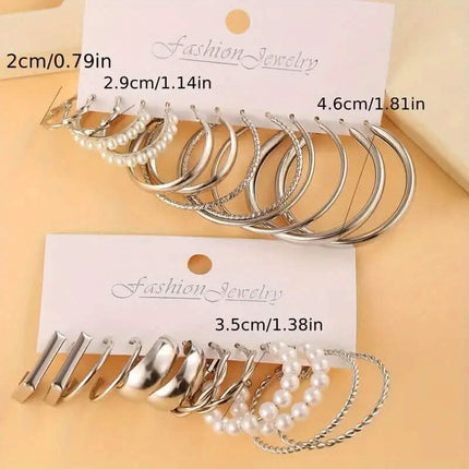 12-Pairs: Gold Hoop Earrings with Faux Pearl Decor Set