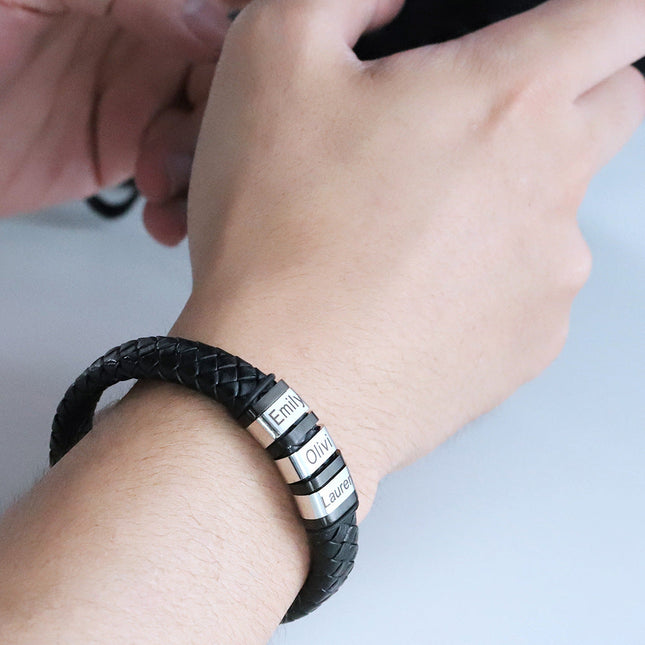 Personalized Men Name Leather Bracelet Black Woven