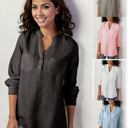 Sexy new double top Pockets cotton and linen loose plus size top for Women