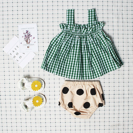 Plaid Sleeveless Sling Top Bread Pants Girls Set