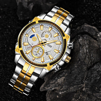 men''s watch fake three eyes luminous men''s watch fashion casual steel band waterproof watch t504g