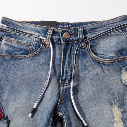 Trendy Urban streetwear Embroidered Frayed Men's Blue Jeans