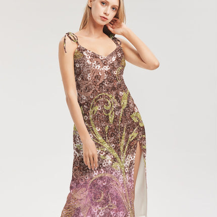BEAUTIFUL PURPLE GITTER DESIGN CREATED BY FLIPSTYLEZ Women's All-Over Print Tie Strap Split Dress