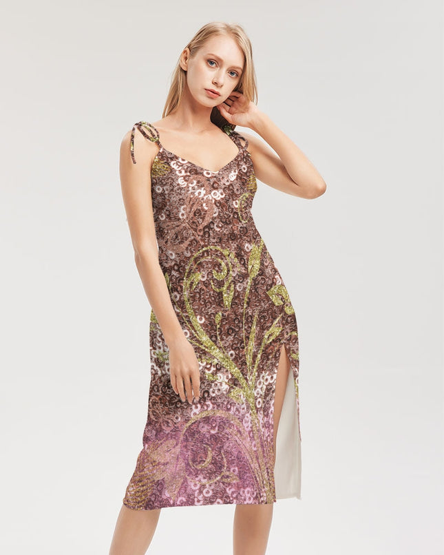 BEAUTIFUL PURPLE GITTER DESIGN CREATED BY FLIPSTYLEZ Women's All-Over Print Tie Strap Split Dress