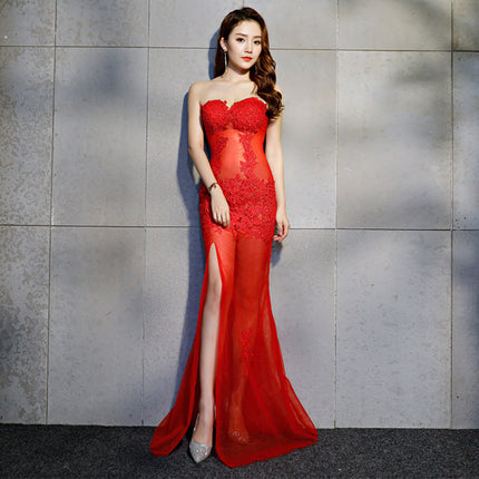 Tube top slit long evening dress