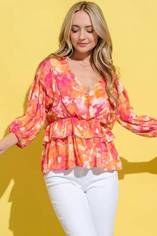 And The Why Ruffled Printed Puff Sleeve Blouse