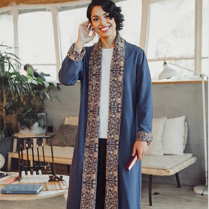 Unisex Dark Blue Casual Stitching Printed Linen Cloak Plus Size Windbreaker