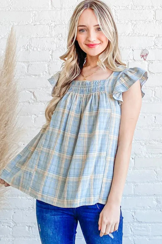 And The Why Plaid Print Smocked Detail Ruffle Baby Doll Top