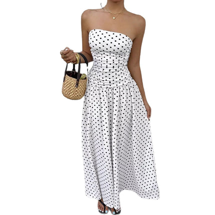 Elegant Off-Shoulder Polka Dot Dress – Strapless High-Waist Style