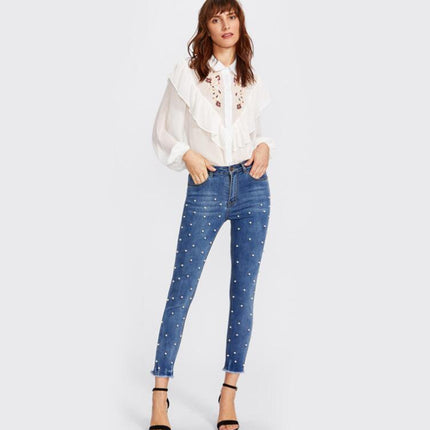SHEIN Pearl Beaded Foul Jeans Casual Jeans Women Skinny Jeans Autumn Women Zipper High Bleached Waist Pants