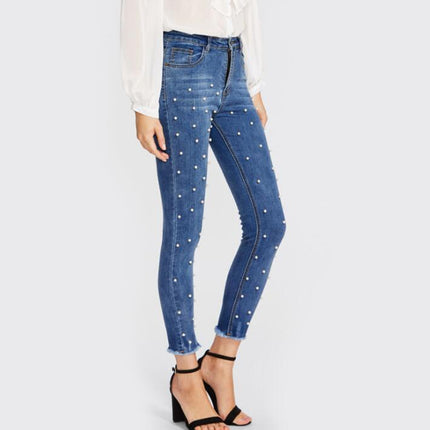 SHEIN Pearl Beaded Foul Jeans Casual Jeans Women Skinny Jeans Autumn Women Zipper High Bleached Waist Pants
