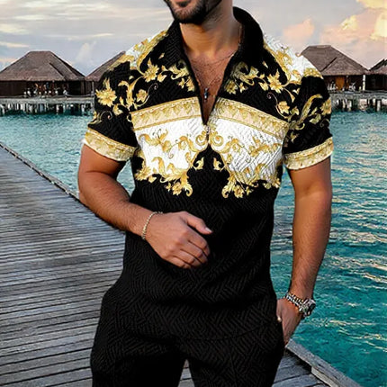 Men's Summer Fashion 3D Printed Short Sleeve Geometric Zip Lapel Shirt Set