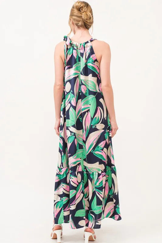 And The Why Botanical Printed Halterneck Tiered Maxi Dress