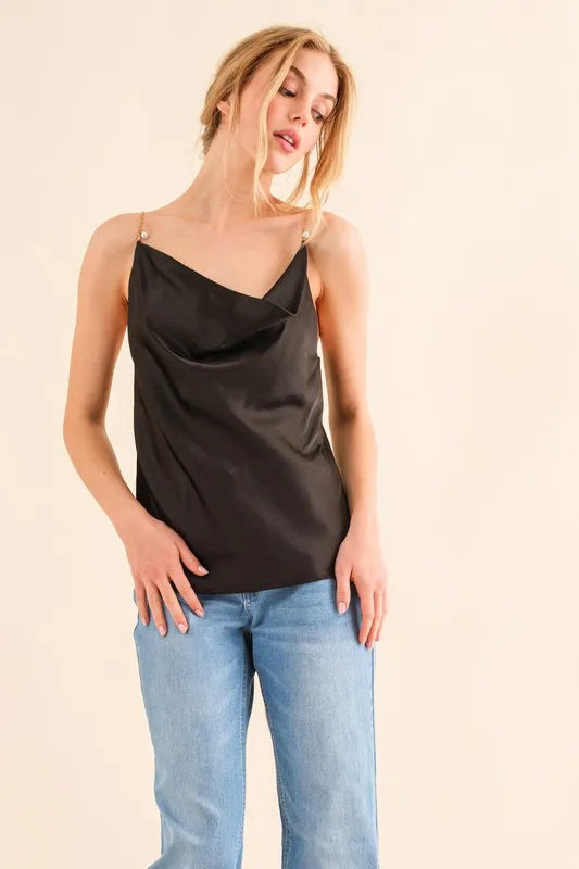 And The Why Faux Pearl Gold Chain Satin Casual Cami Top