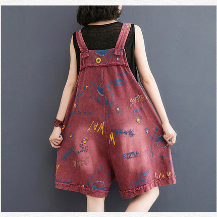 Retro Fashion Print Loose Denim Strap Shorts For Women