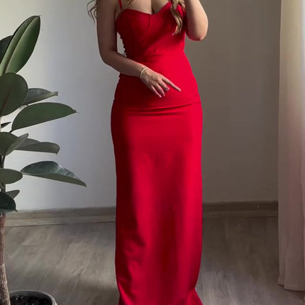 Red Sexy Back Slit Suspender Maxi Dress