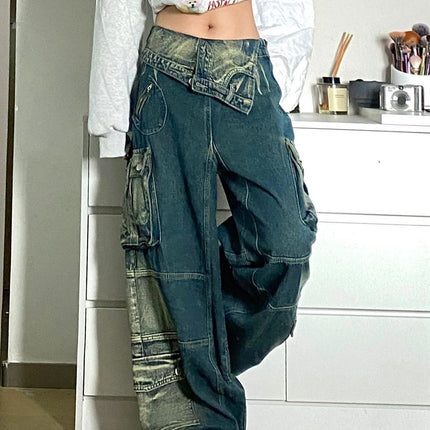 Plus Size Retro Washed Cargo Jeans Women