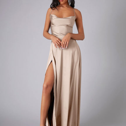 Women's Elegant Backless Split Maxi Dress – High Waist V-Neck Belted Gown