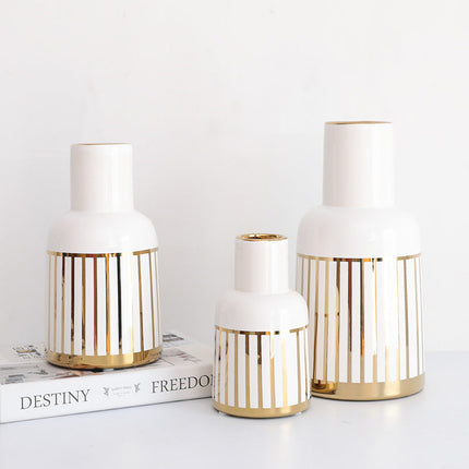 Gold-Plated Ceramic Vase Ornaments Golden Stripes Green Plant Hydroponic Flower Device