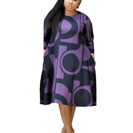 Women's fashionable Purple Printed Round Neck Mid Sleeve Plus Size Dress