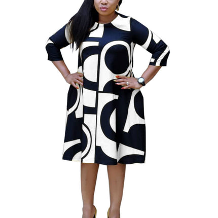Women's fashionable Purple Printed Round Neck Mid Sleeve Plus Size Dress