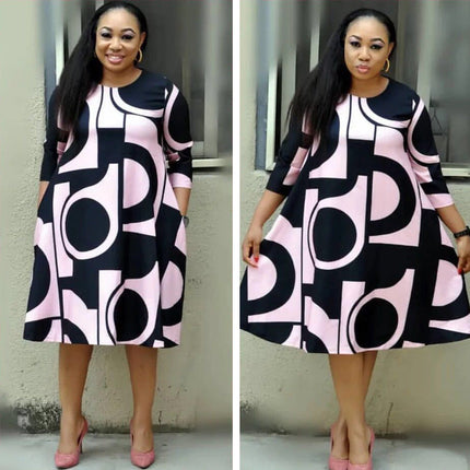 Women's fashionable Purple Printed Round Neck Mid Sleeve Plus Size Dress