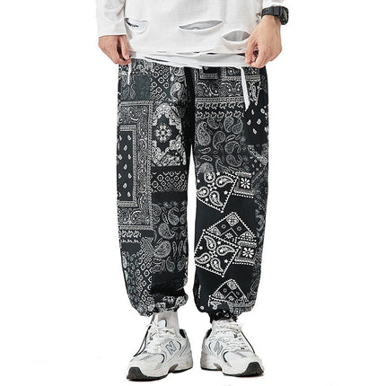 Drawstring Cashew Flower Wide-Leg Harem Pants